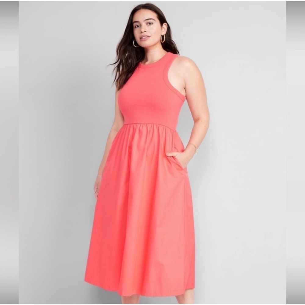 Old Navy Womens Ribbed Mixed Media Poplin Midi Dress Coral Pink Large